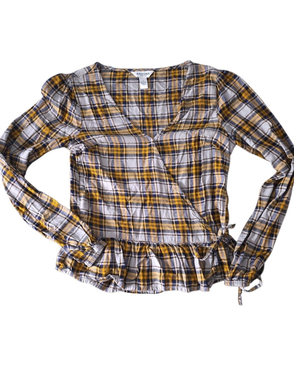 Arizona Plaid Wrap Peplum Top Yellow Blue Fall Layering XS